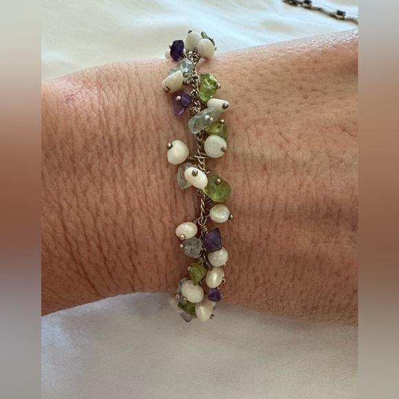 HSN Jewelry - Pearl Amethyst Peridot Aquamarine Nugget Dangle Sterling Bracelet 925 7.5”
